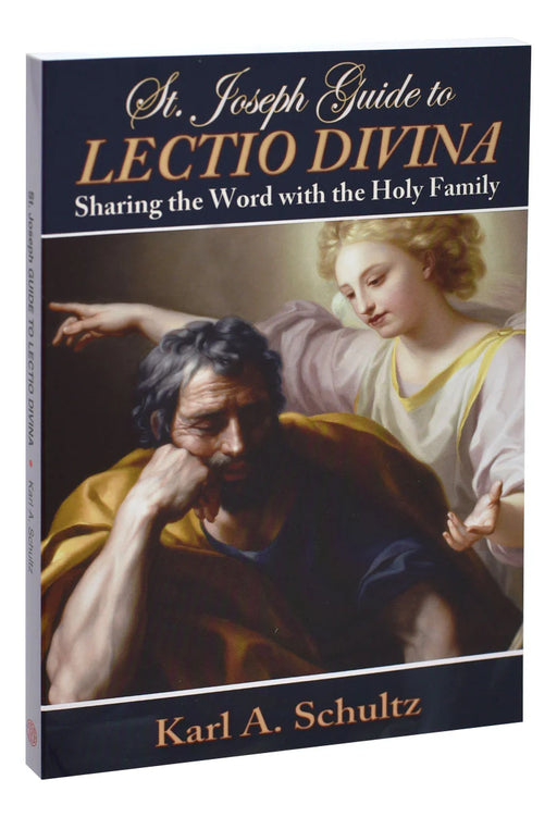 Navy blue book with text 'St Joseph Guide to Lectio Divina' and an image of St. Joseph and an angel on a white background
