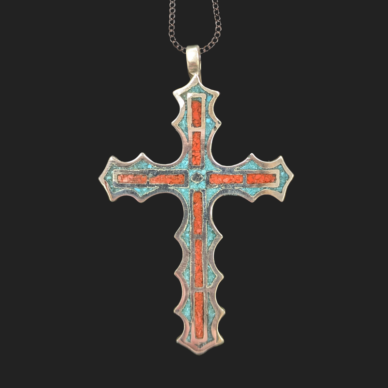 Handmade Turquoise Inlaid Sterling Cross 2"H
