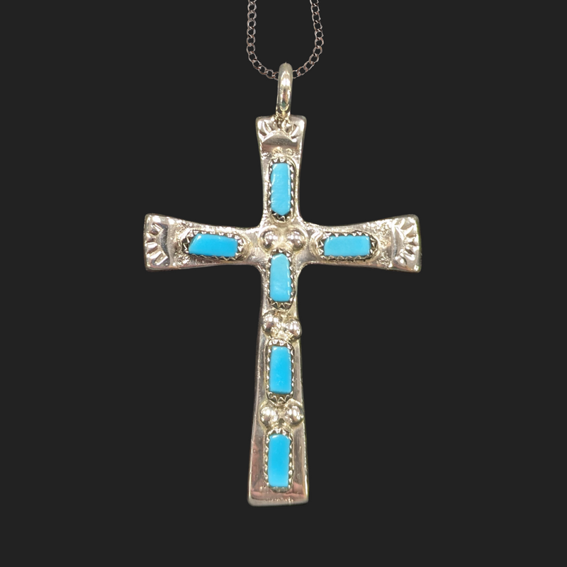 Handmade Turquoise on Hammered Sterling Cross Necklace 2"H