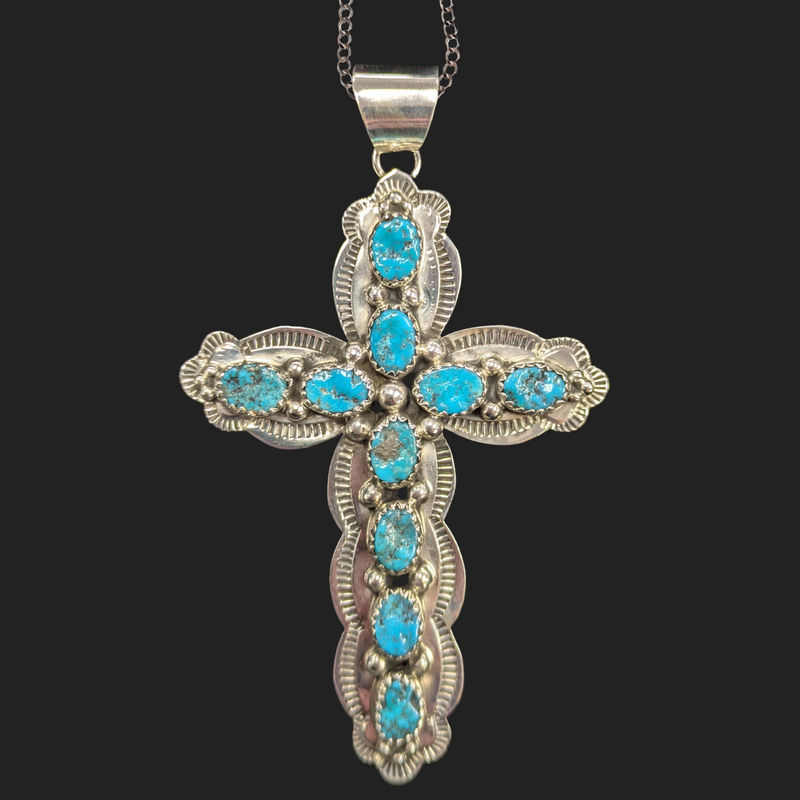 Handmade Kingman Turquoise Cross Necklace 3.25"H