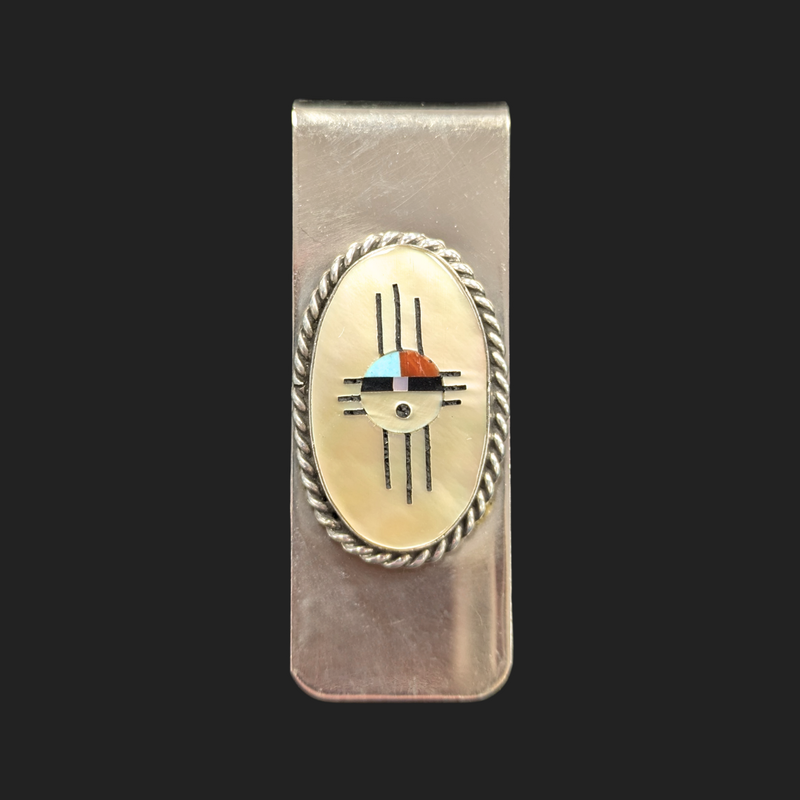 Handmade Zia Inlaid Sunface Money Clip 2"H