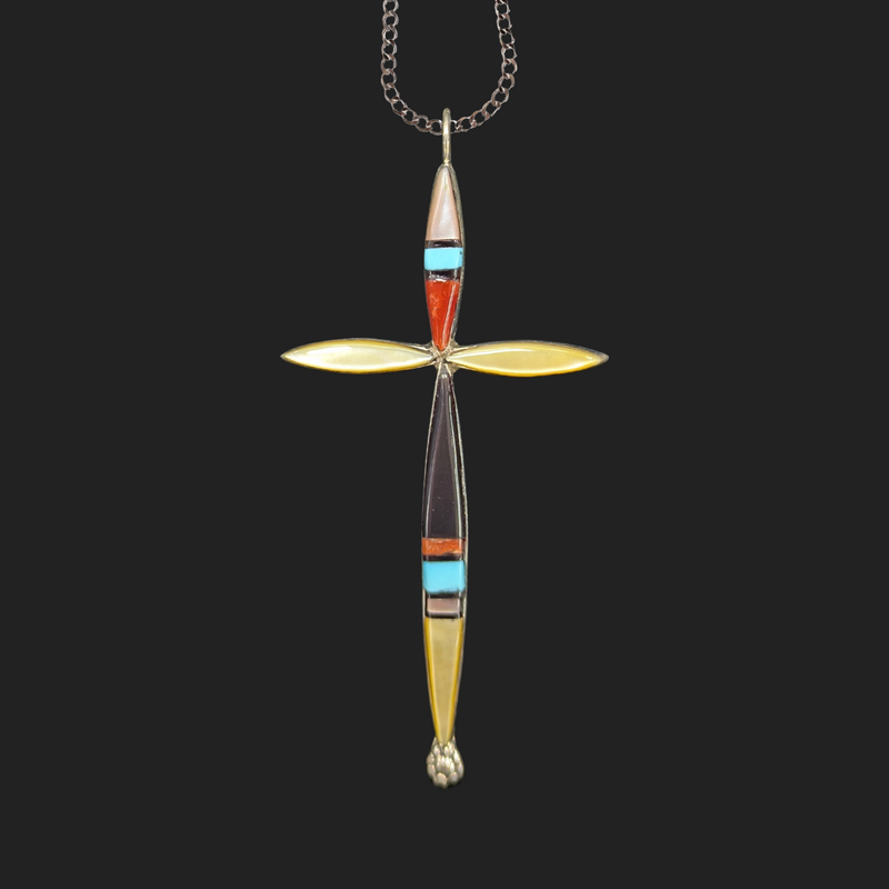 Handmade Inlaid Zuni Turquoise Cross Necklace 2.5"H