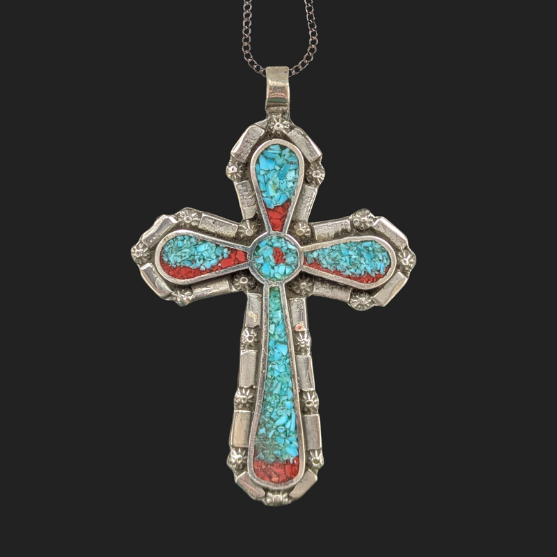 Handmade Inlaid Navajo Turquoise Cross Necklace 2.25"H