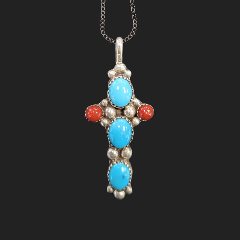Handmade Turquoise Cross Necklace in Southwest Style 2"H