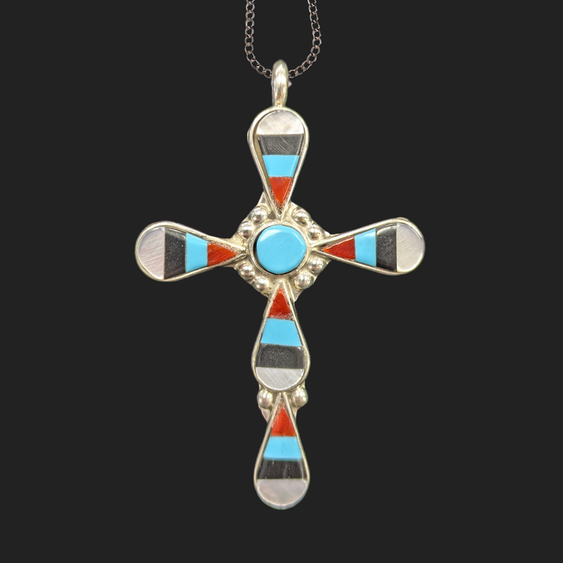 Handmade Zuni Turquoise Cross Necklace 2.5"H