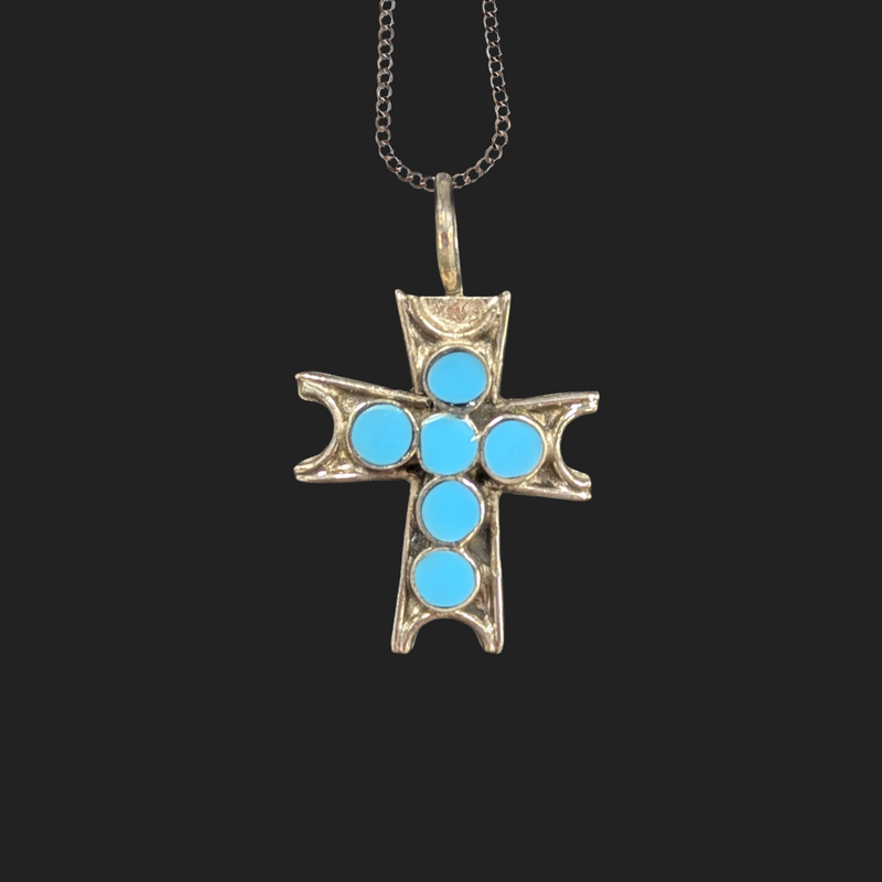 Handmade Inlaid Zuni Turquoise Cross Necklace 1"H