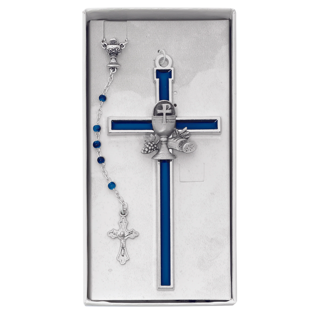 Communion Set - 5in Blue Cross Blue Rosary Set Box