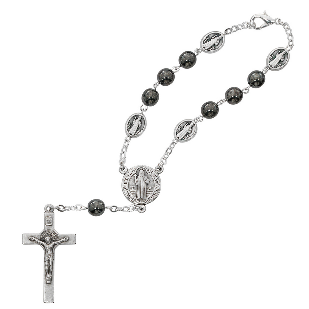 Auto Rosary - Hematite St. Benedict Car Rosary