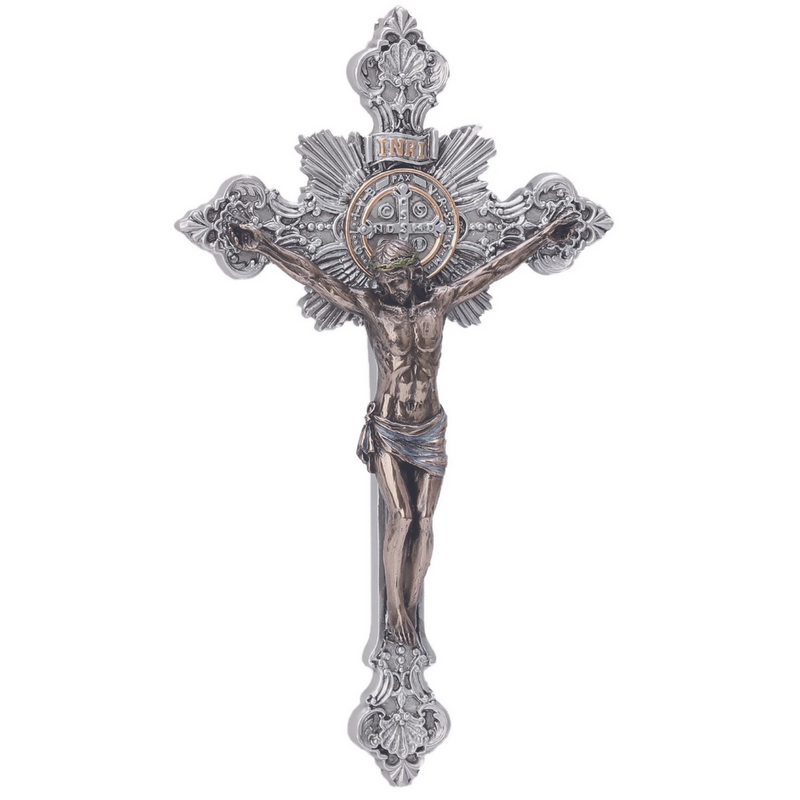 Benedictine Crucifix – 14" | Pewter Cross with Bronze Corpus | Goldscheider Veronese