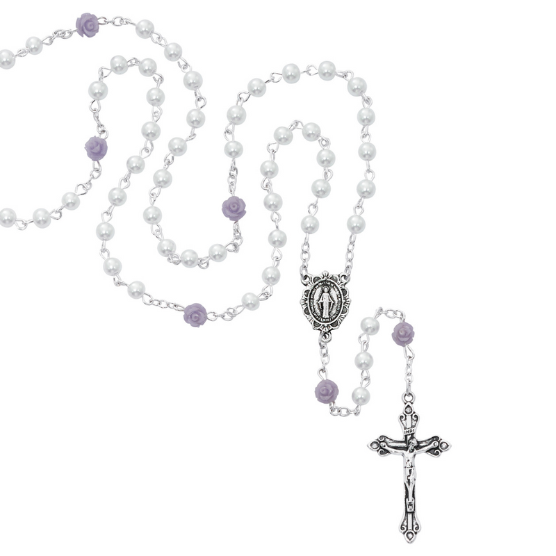 White Pearl and Purple Rose Rosary 4mm