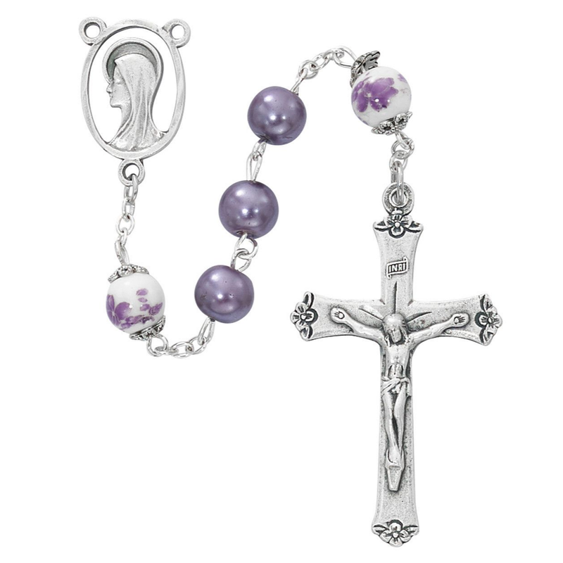 Purple Pearl and Floral Ceramic Rosary 8mm