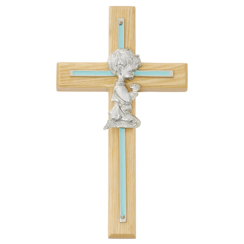 Cross - 7in Oak with Blue Baby Boy Praying Cross Boxed