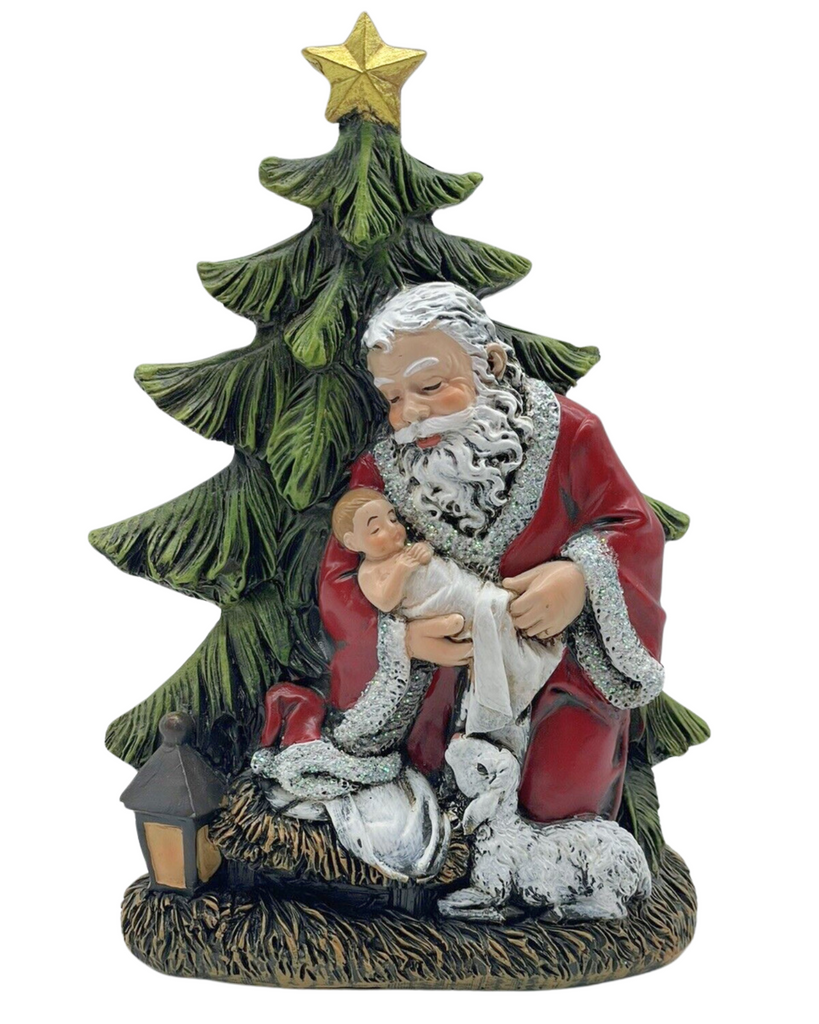 Santa Kneeling with Baby Jesus by Tree Slim Figure 6.25"H