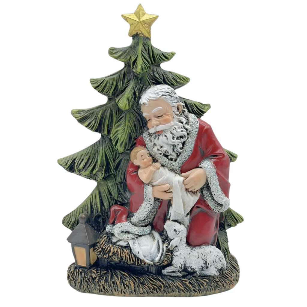 Santa Kneeling with Baby Jesus by Tree Slim Figure 6.25"H