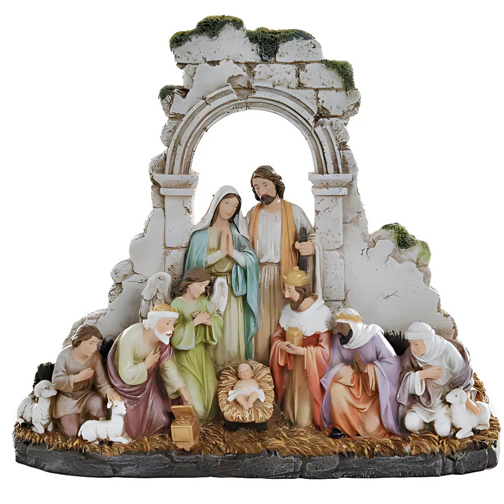 Kneeling Nativity with Stone Wall 8.5"