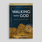 Gold and blue book titled 'Walking with God: A Journey Through the Bible' on a gray background.