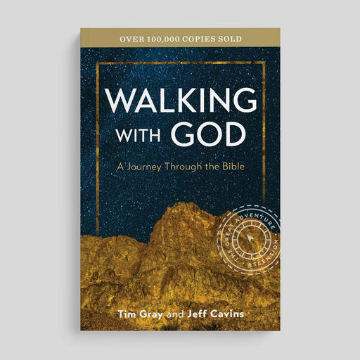 Gold and blue book titled 'Walking with God: A Journey Through the Bible' on a gray background.