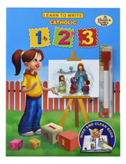 Catholic children's activity book cover titled 'Learn to Write Catholic' with large numbers 1, 2, and 3 at the top, an illustration of a girl writing on a canvas, a pencil case on the right, and a 'Wipe and Clean Book' badge at the bottom right.