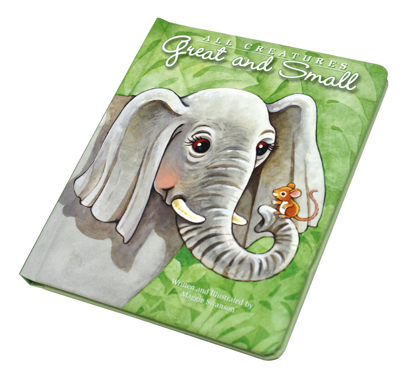 Children's book cover featuring an elephant and a mouse on a green background