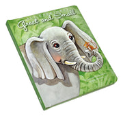 Book cover with an elephant and mouse illustration on a green background