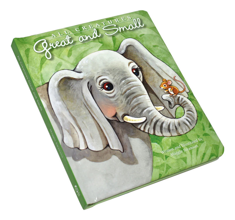 Book cover with an elephant and mouse illustration on a green background