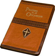 Brown prayer book with 'Prayers for All Occasions' text and cross emblem on a white background