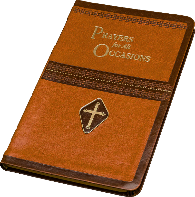 Brown prayer book with 'Prayers for All Occasions' text and cross emblem on a white background