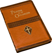 Brown prayer book with 'Prayers for All Occasions' text and cross emblem on a white background