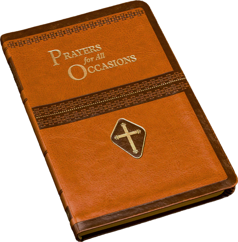 Brown prayer book with 'Prayers for All Occasions' text and cross emblem on a white background