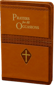 Brown leather prayer book with 'Prayers for All Occasions' text and cross emblem.