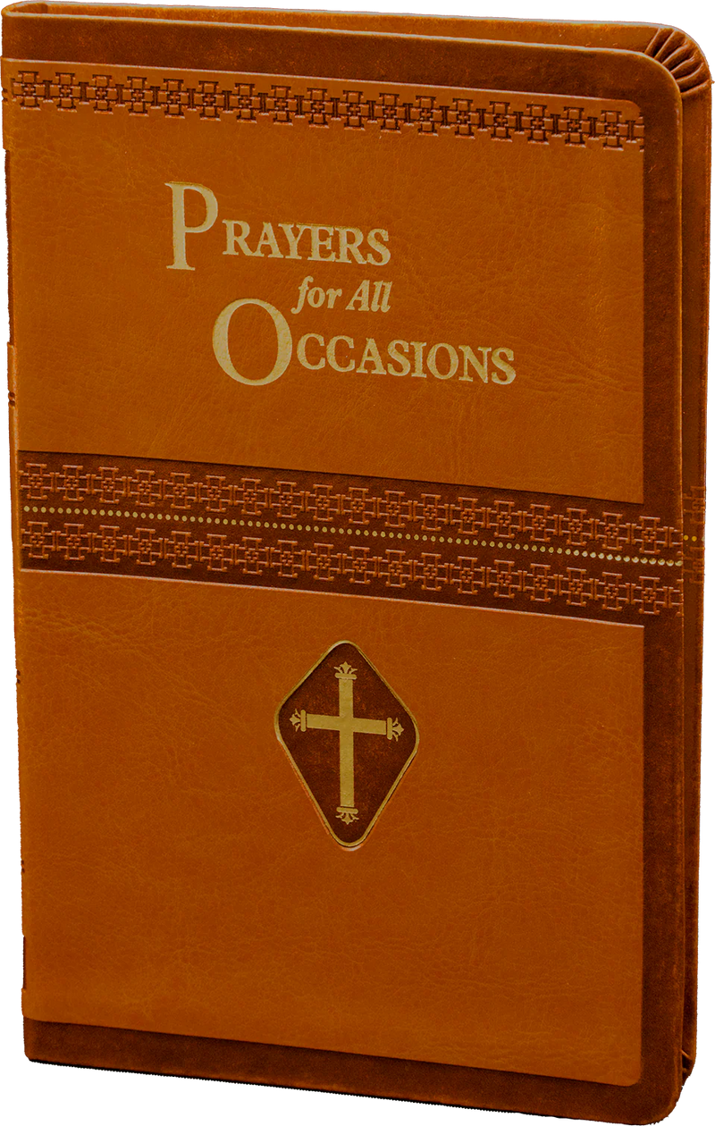 Brown leather prayer book with 'Prayers for All Occasions' text and cross emblem.