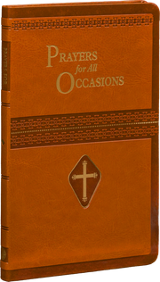 Brown prayer book with 'Prayers for All Occasions' text and cross emblem on a white background