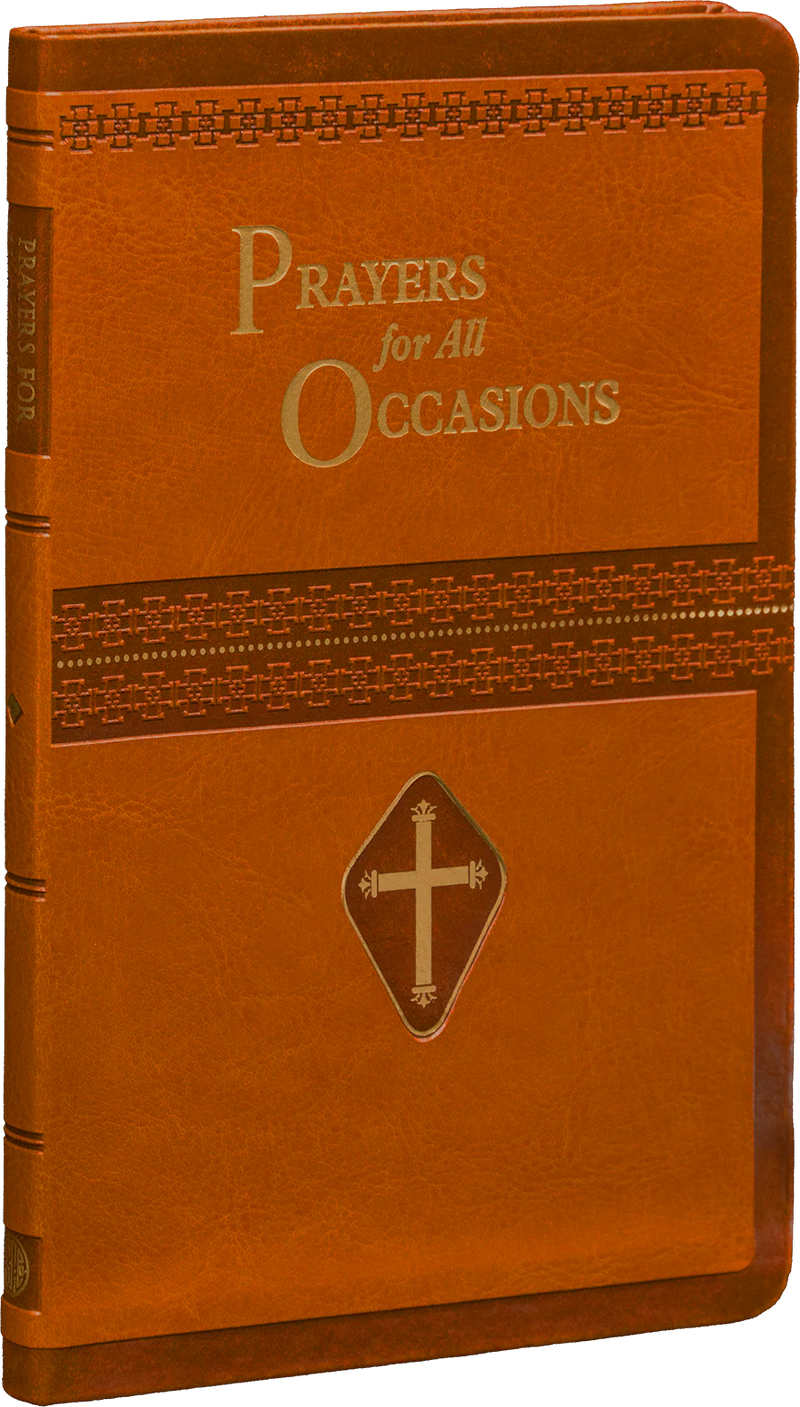 Brown prayer book with 'Prayers for All Occasions' text and cross emblem on a white background