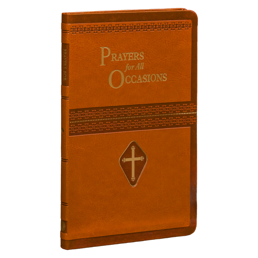 Brown prayer book with 'Prayers for All Occasions' text and cross emblem on a white background