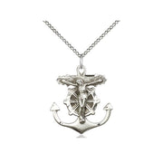 Silver pendant with anchor design and crucifixion figure on a white background