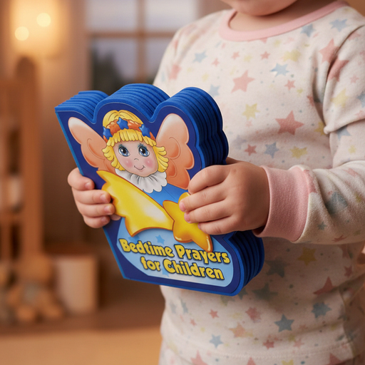 Child holding a colorful book titled 'Bedtime Prayers for Children' with an angel illustration.