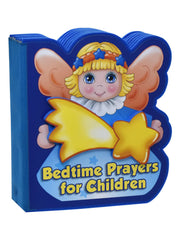 Child holding a colorful book titled 'Bedtime Prayers for Children' with an angel illustration.