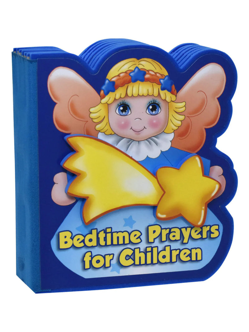 Child holding a colorful book titled 'Bedtime Prayers for Children' with an angel illustration.