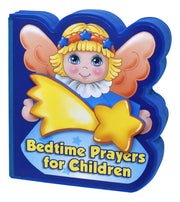 Child holding a colorful book titled 'Bedtime Prayers for Children' with an angel illustration.