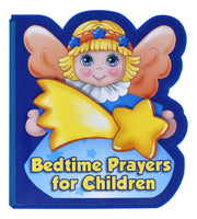 Child holding a colorful book titled 'Bedtime Prayers for Children' with an angel illustration.