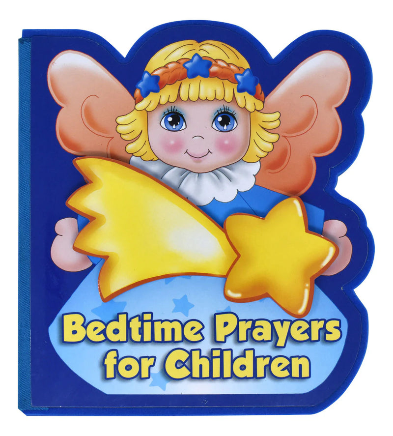 Child holding a colorful book titled 'Bedtime Prayers for Children' with an angel illustration.