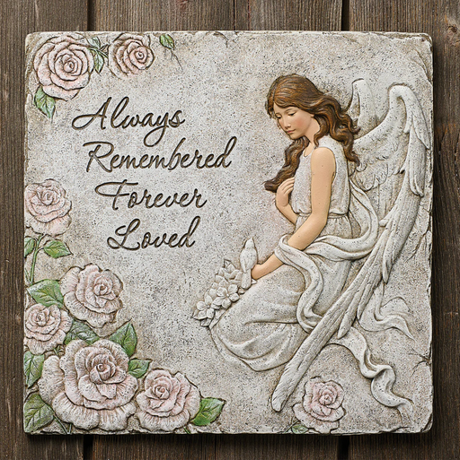 Decorative plaque with an angelic figure, roses, and text 'Always Remembered, Forever Loved' on a wooden background.