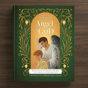A hardcover children's book titled "Angel of God" lies flat on a dark wood surface. The cover is dark green with ornate gold decorative flourishes and a central illustration showing a winged angel in white clothing with a child in prayer.