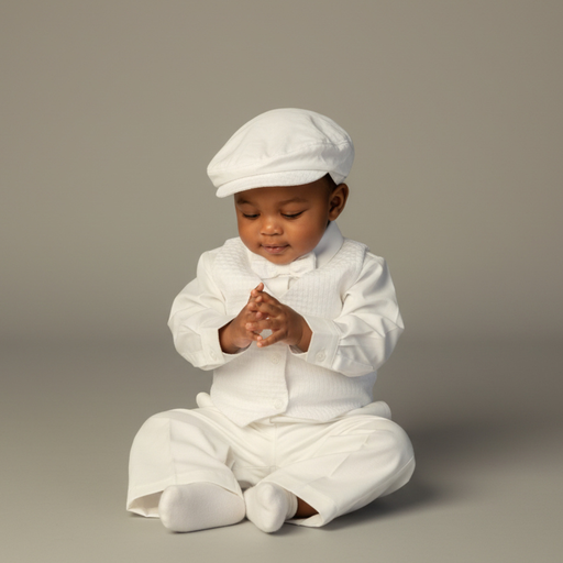Baby in a white baptism outfit with a cap sitting on a gray background