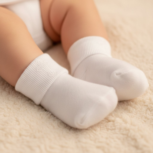 Close-up of baby feet wearing white baptism socks on a soft surface