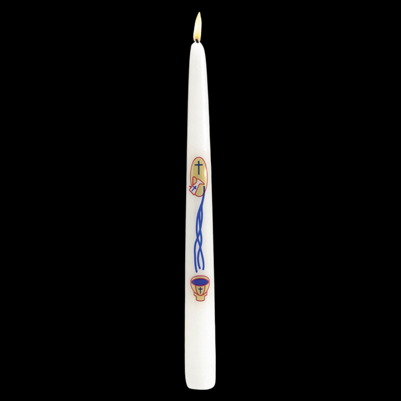 White candle with decorative elements on a black background