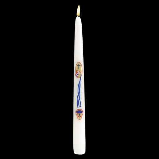 White candle with decorative elements on a black background