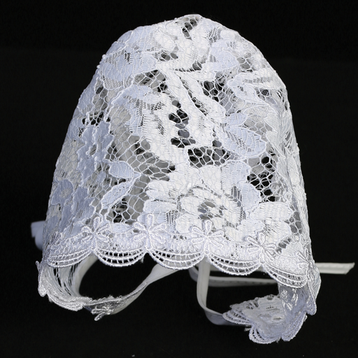 White lace baby baptism bonnet on a black background