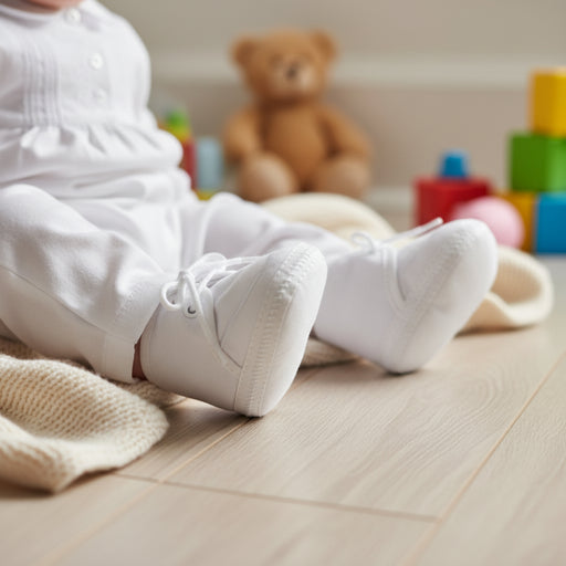 Baby's feet in white Baptism shoes on a wooden floor with toys in the background