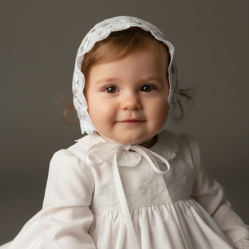 Baby in a white baptism cap sitting on a gray background